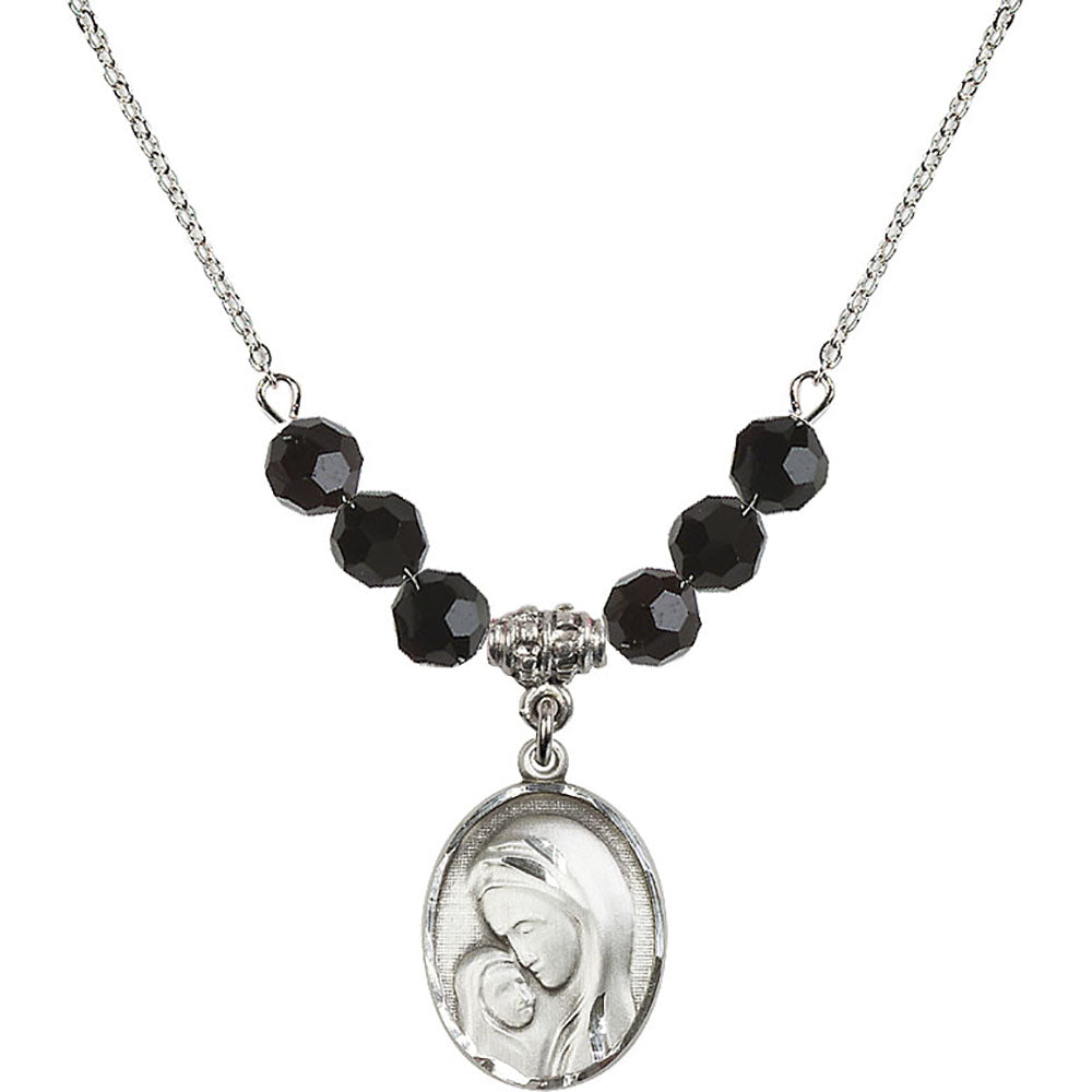 Sterling Silver Madonna & Child Birthstone Necklace with Jet Beads - 0447