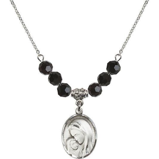 Sterling Silver Madonna & Child Birthstone Necklace with Jet Beads - 0447
