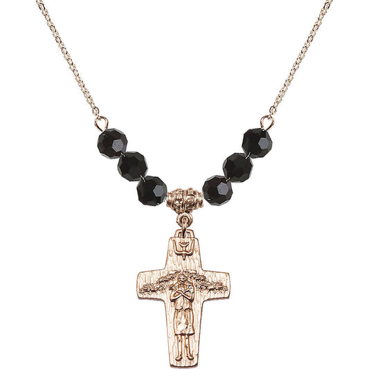 14kt Gold Filled Papal Crucifix Birthstone Necklace with Jet Beads - 0569