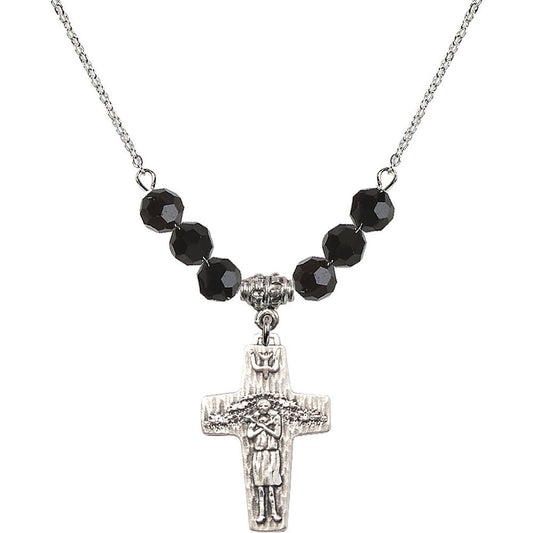 Sterling Silver Papal Crucifix Birthstone Necklace with Jet Beads - 0569