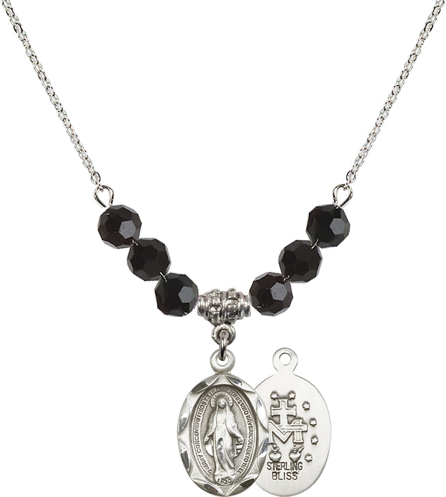 Sterling Silver Miraculous Birthstone Necklace with Jet Beads - 0612