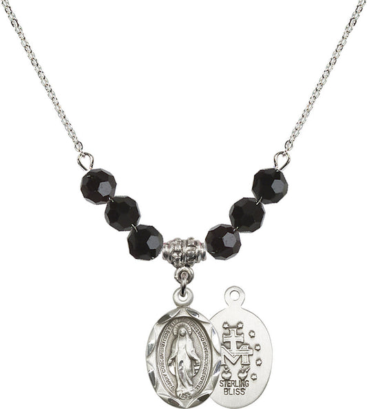 Sterling Silver Miraculous Birthstone Necklace with Jet Beads - 0612