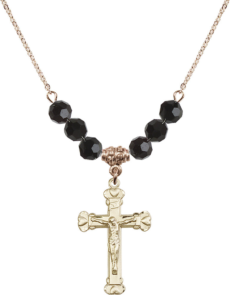 14kt Gold Filled Crucifix Birthstone Necklace with Jet Beads - 0620
