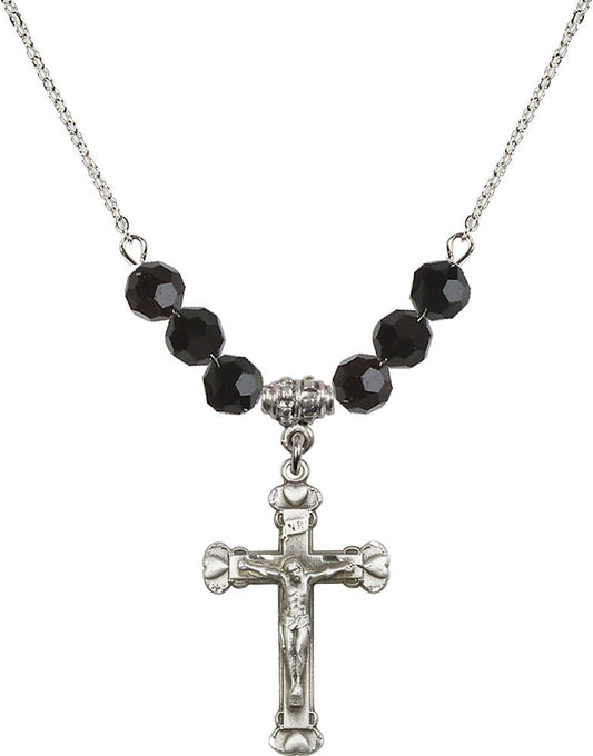 Sterling Silver Crucifix Birthstone Necklace with Jet Beads - 0620