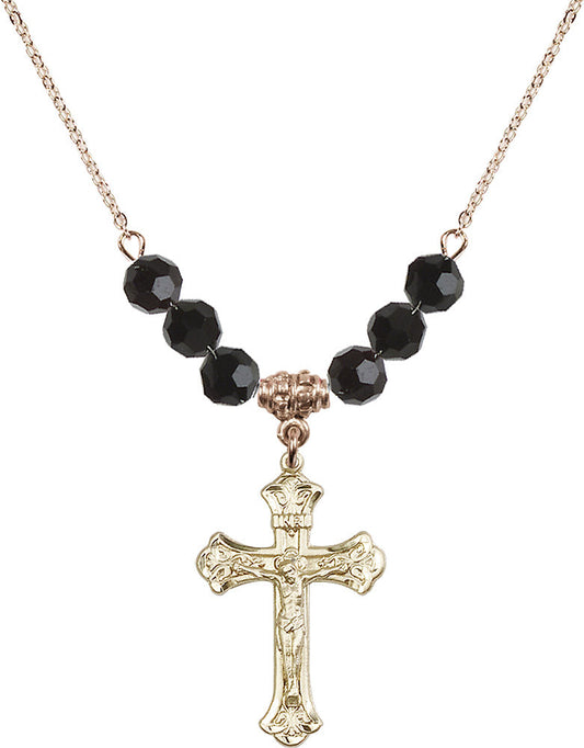 14kt Gold Filled Crucifix Birthstone Necklace with Jet Beads - 0622