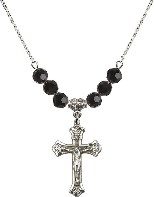 Sterling Silver Crucifix Birthstone Necklace with Jet Beads - 0622