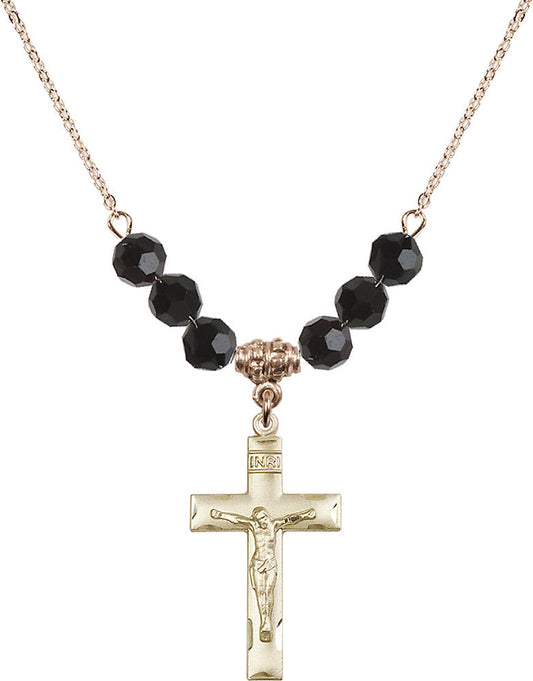 14kt Gold Filled Crucifix Birthstone Necklace with Jet Beads - 0624