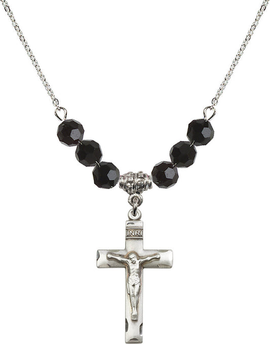 Sterling Silver Crucifix Birthstone Necklace with Jet Beads - 0624