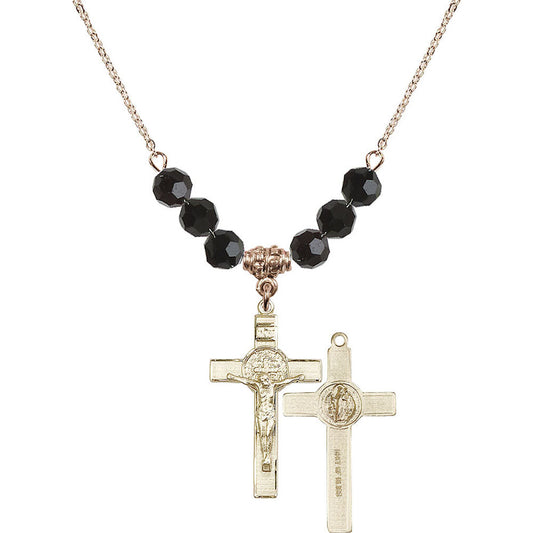 14kt Gold Filled Saint Benedict Crucifix Birthstone Necklace with Jet Beads - 0625