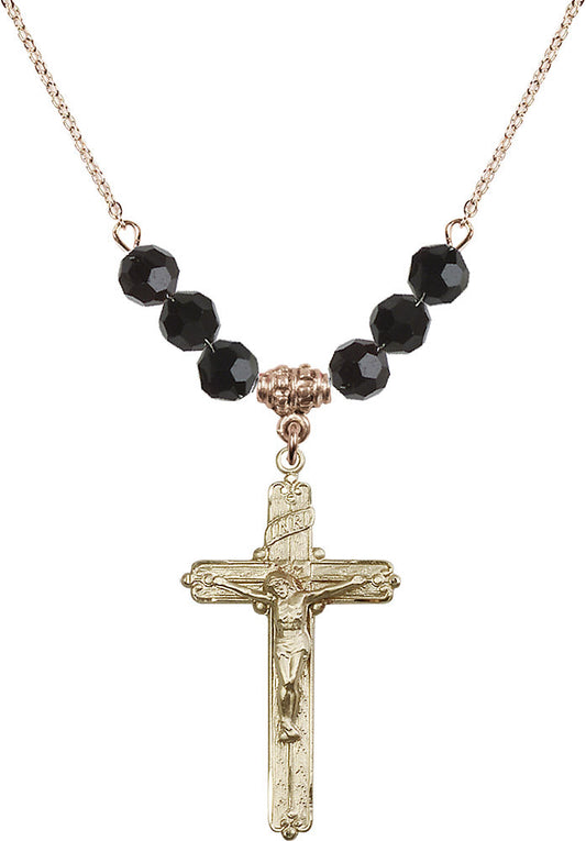 14kt Gold Filled Crucifix Birthstone Necklace with Jet Beads - 0655