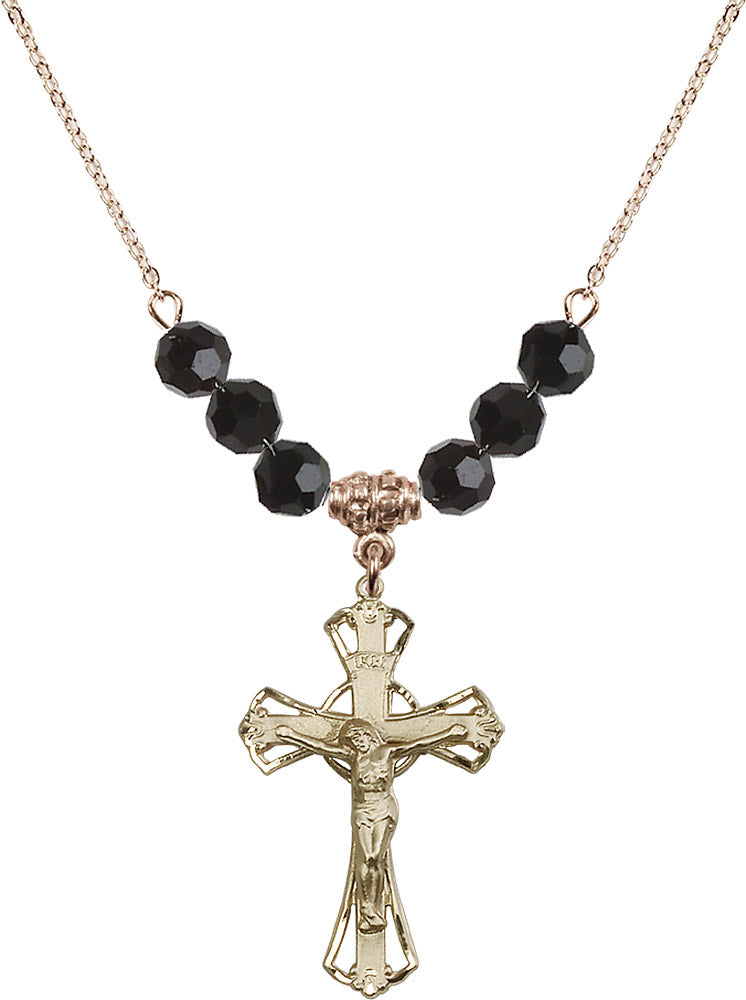 14kt Gold Filled Crucifix Birthstone Necklace with Jet Beads - 0659