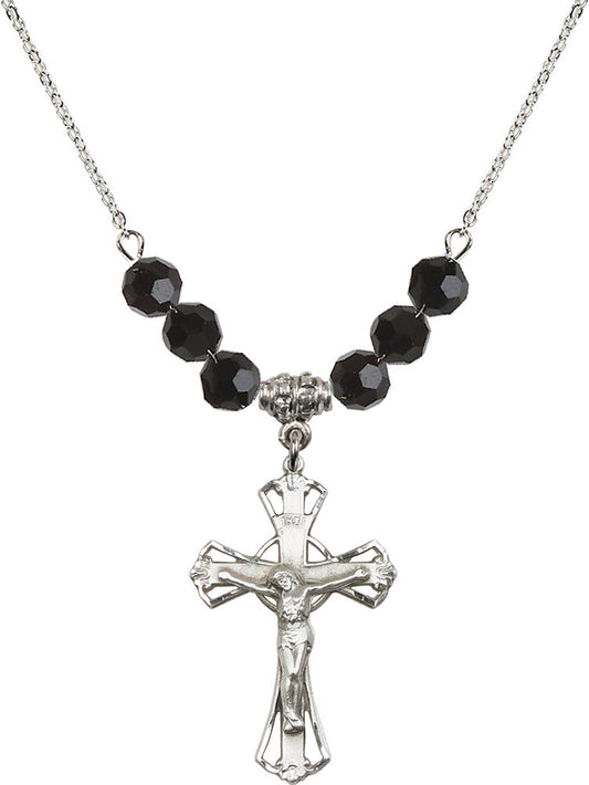 Sterling Silver Crucifix Birthstone Necklace with Jet Beads - 0659