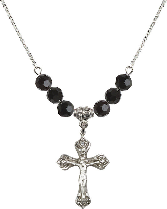Sterling Silver Crucifix Birthstone Necklace with Jet Beads - 0662
