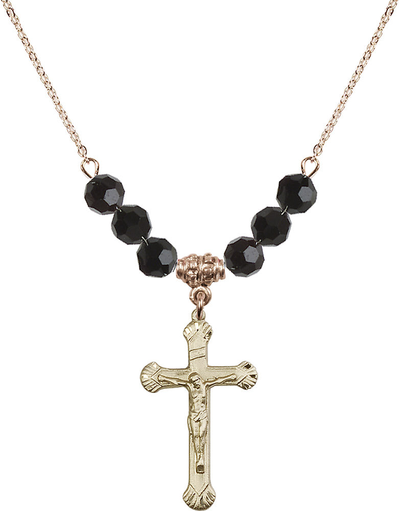 14kt Gold Filled Crucifix Birthstone Necklace with Jet Beads - 0664