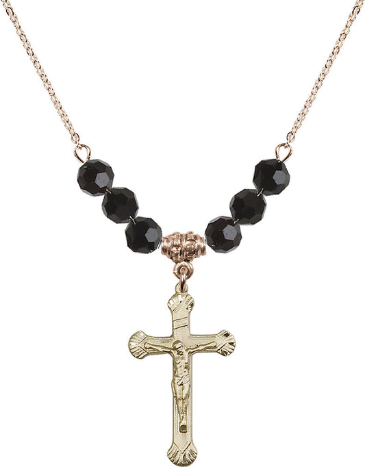 14kt Gold Filled Crucifix Birthstone Necklace with Jet Beads - 0664