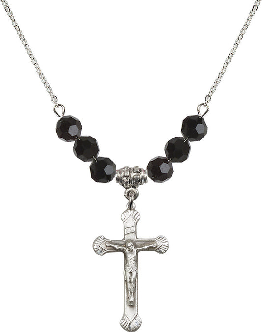 Sterling Silver Crucifix Birthstone Necklace with Jet Beads - 0664
