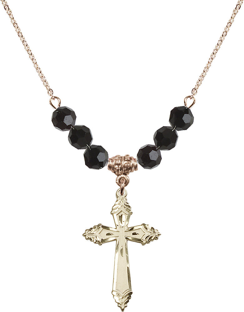 14kt Gold Filled Cross Birthstone Necklace with Jet Beads - 0665