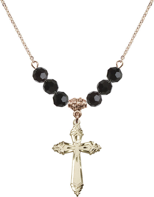 14kt Gold Filled Cross Birthstone Necklace with Jet Beads - 0665