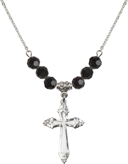Sterling Silver Cross Birthstone Necklace with Jet Beads - 0665