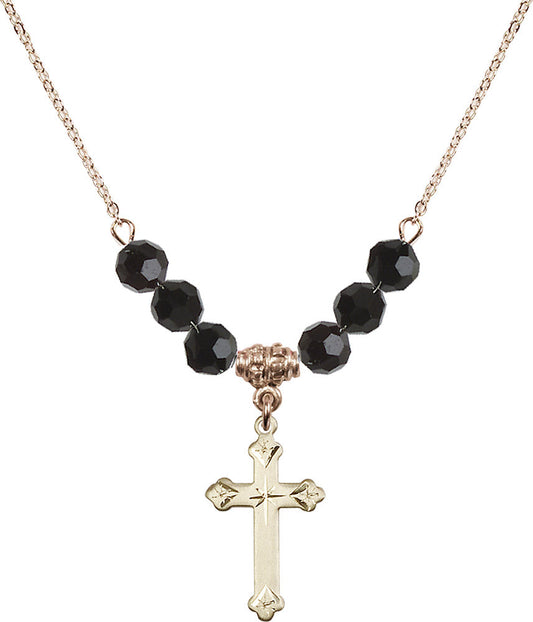 14kt Gold Filled Cross Birthstone Necklace with Jet Beads - 0667