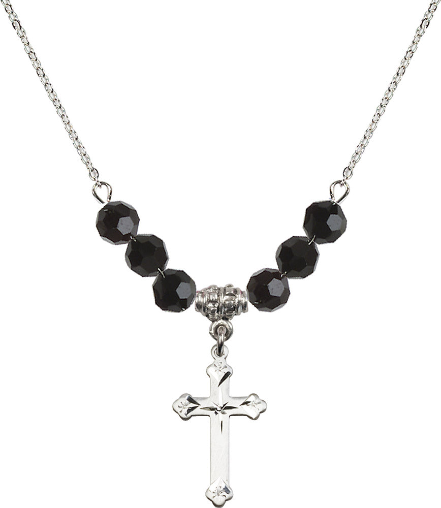 Sterling Silver Cross Birthstone Necklace with Jet Beads - 0667