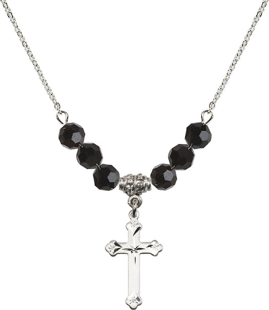 Sterling Silver Cross Birthstone Necklace with Jet Beads - 0667
