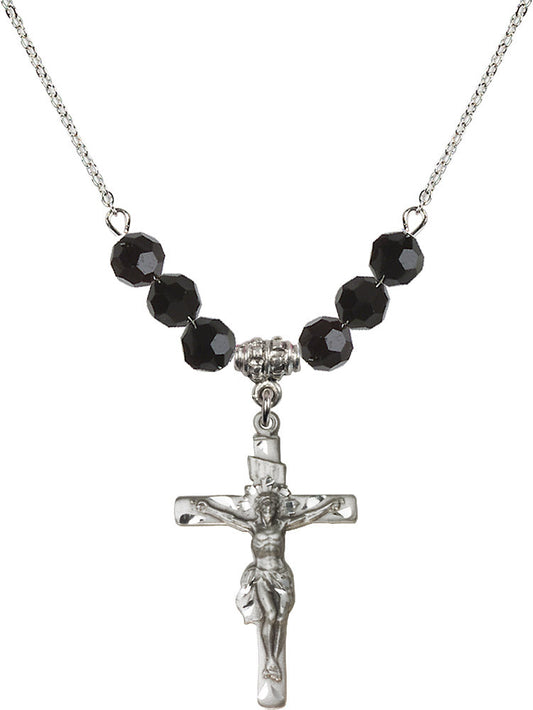 Sterling Silver Crucifix Birthstone Necklace with Jet Beads - 0668