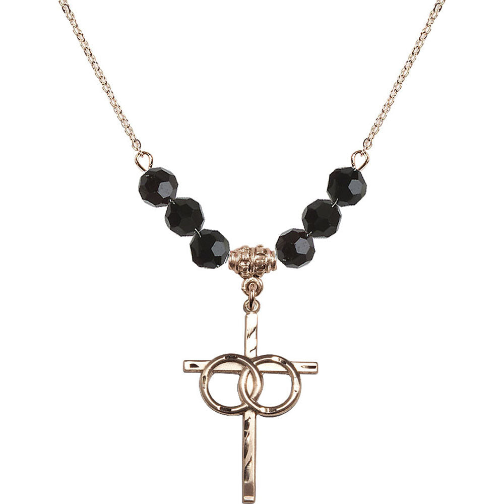 14kt Gold Filled Wedding Rings Cross Birthstone Necklace with Jet Beads - 0671