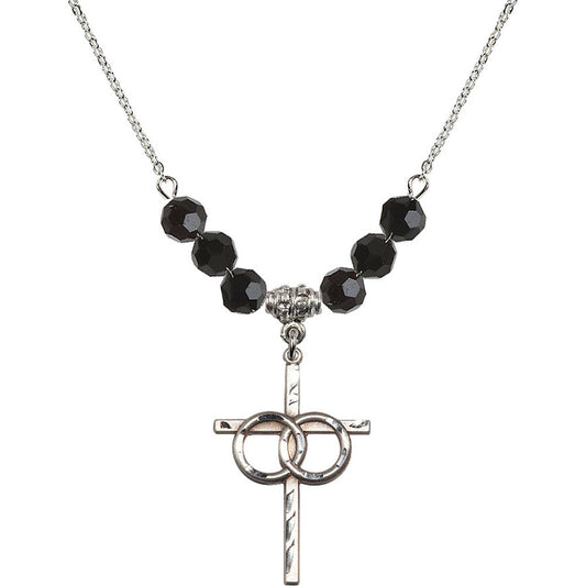 Sterling Silver Wedding Rings Cross Birthstone Necklace with Jet Beads - 0671