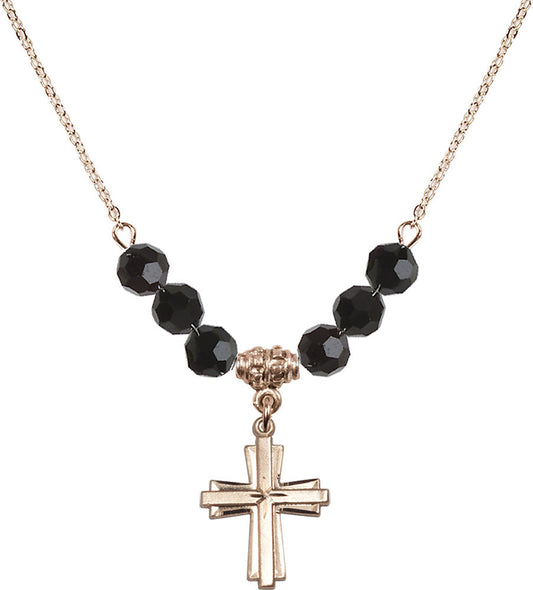 14kt Gold Filled Cross Birthstone Necklace with Jet Beads - 0675