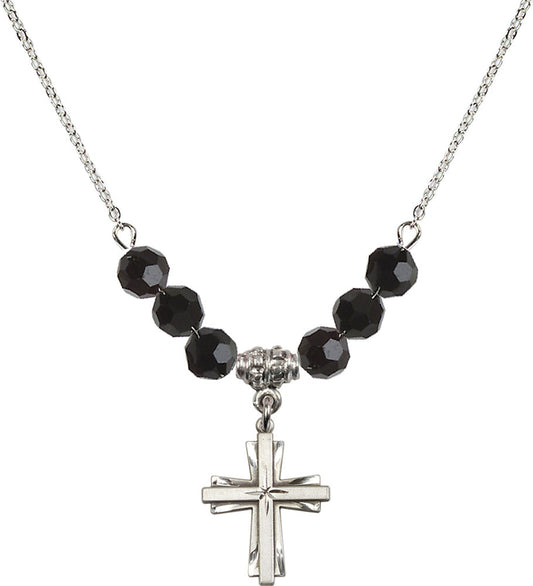 Sterling Silver Cross Birthstone Necklace with Jet Beads - 0675