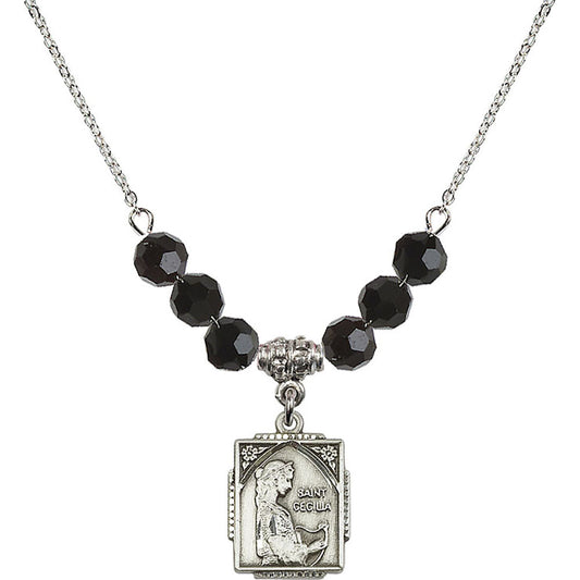 Sterling Silver Saint Cecilia Birthstone Necklace with Jet Beads - 0804