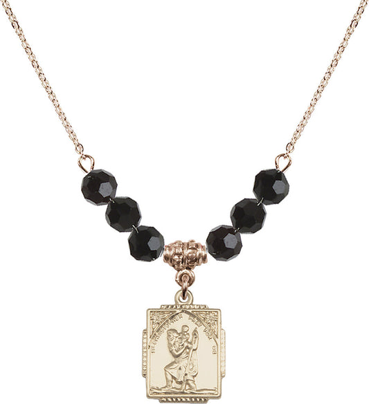 14kt Gold Filled Saint Christopher Birthstone Necklace with Jet Beads - 0804