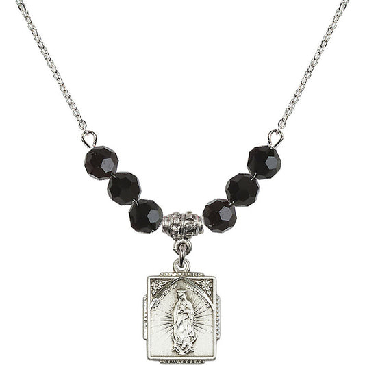 Sterling Silver Our Lady of Guadalupe Birthstone Necklace with Jet Beads - 0804