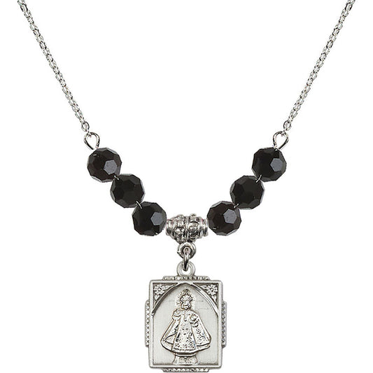 Sterling Silver Infant of Prague Birthstone Necklace with Jet Beads - 0804