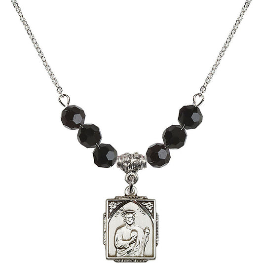 Sterling Silver Saint Jude Birthstone Necklace with Jet Beads - 0804
