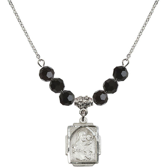 Sterling Silver Saint Joseph Birthstone Necklace with Jet Beads - 0804
