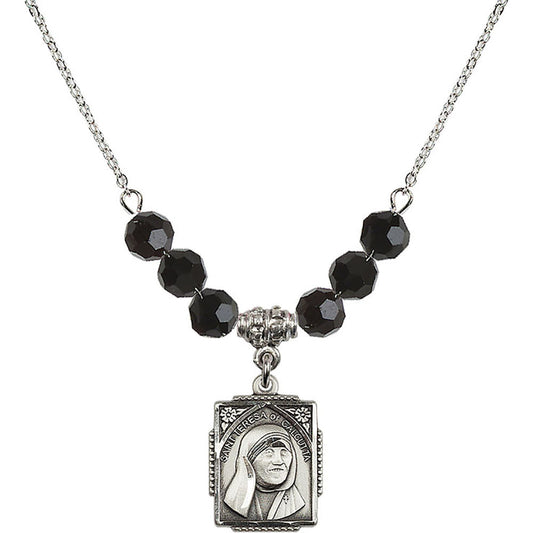 Sterling Silver Saint Teresa of Calcutta Birthstone Necklace with Jet Beads - 0804