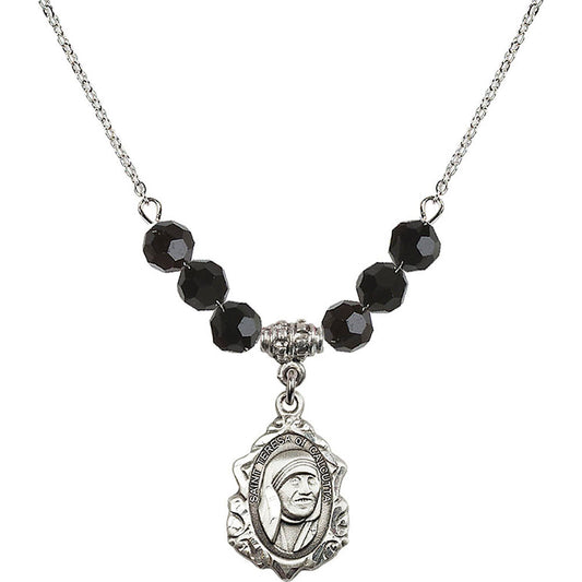 Sterling Silver Saint Teresa of Calcutta Birthstone Necklace with Jet Beads - 0812