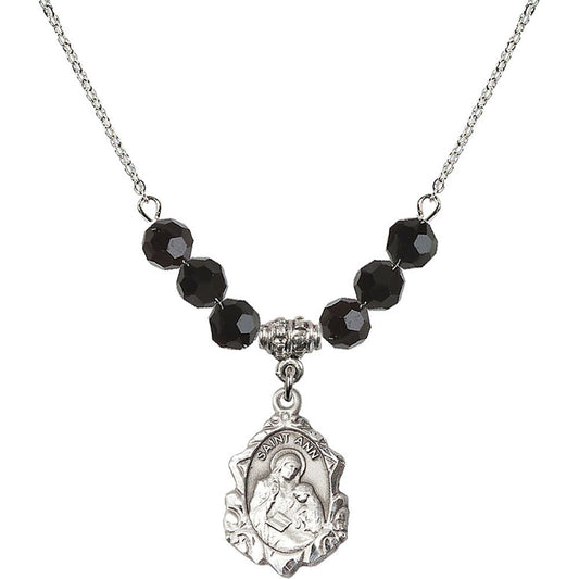 Sterling Silver Saint Ann Birthstone Necklace with Jet Beads - 0822