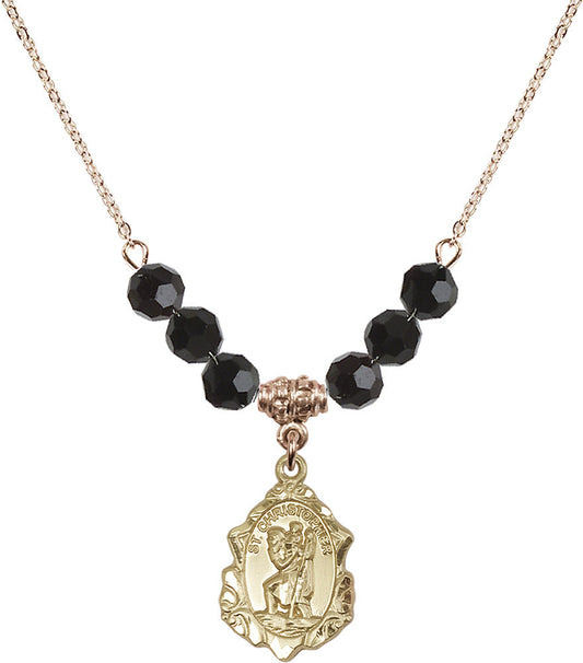 14kt Gold Filled Saint Christopher Birthstone Necklace with Jet Beads - 0822