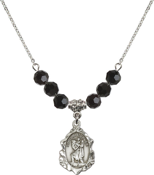 Sterling Silver Saint Christopher Birthstone Necklace with Jet Beads - 0822