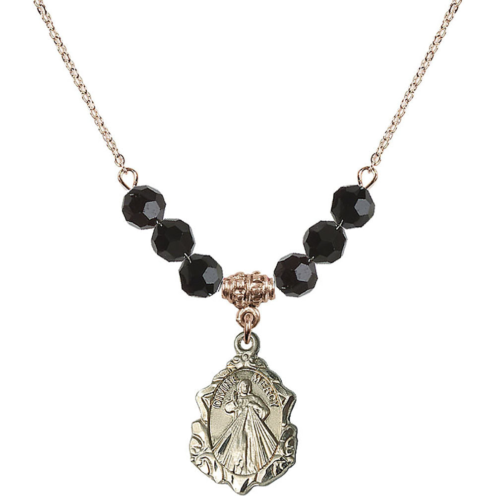 14kt Gold Filled Divine Mercy Birthstone Necklace with Jet Beads - 0822