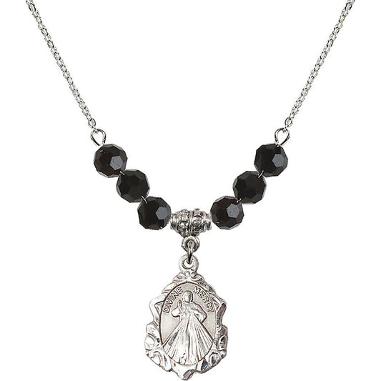 Sterling Silver Divine Mercy Birthstone Necklace with Jet Beads - 0822