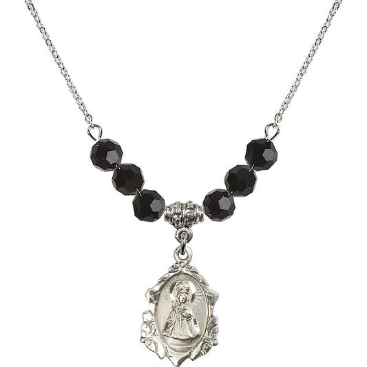 Sterling Silver Infant of Prague Birthstone Necklace with Jet Beads - 0822