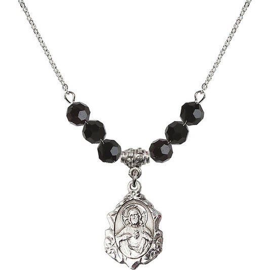 Sterling Silver Scapular Birthstone Necklace with Jet Beads - 0822