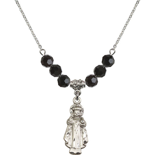 Sterling Silver Infant of Prague Birthstone Necklace with Jet Beads - 0824