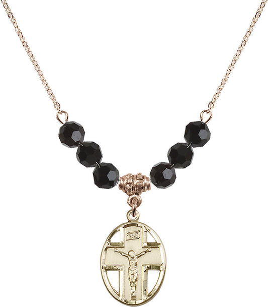 14kt Gold Filled Crucifix Birthstone Necklace with Jet Beads - 0878