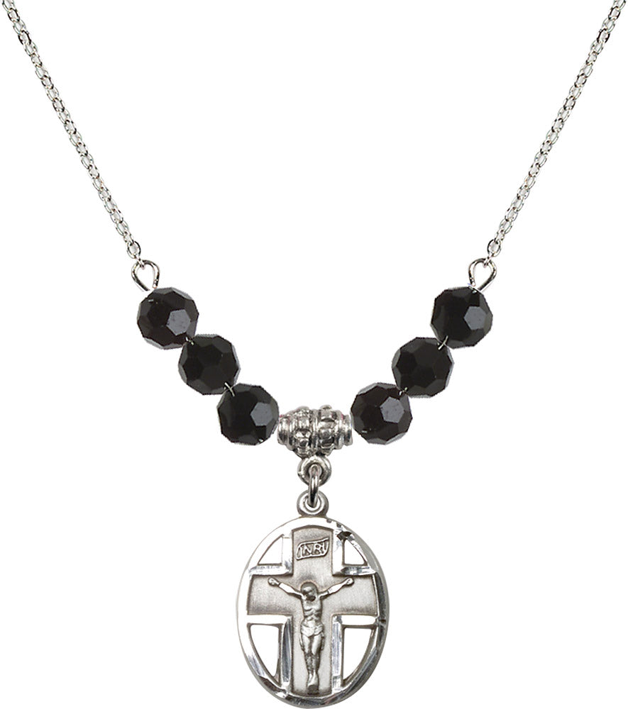 Sterling Silver Crucifix Birthstone Necklace with Jet Beads - 0878