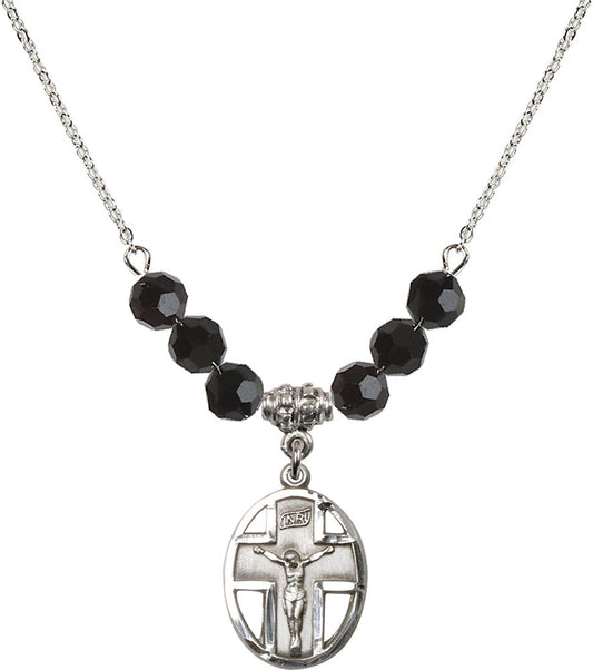 Sterling Silver Crucifix Birthstone Necklace with Jet Beads - 0878